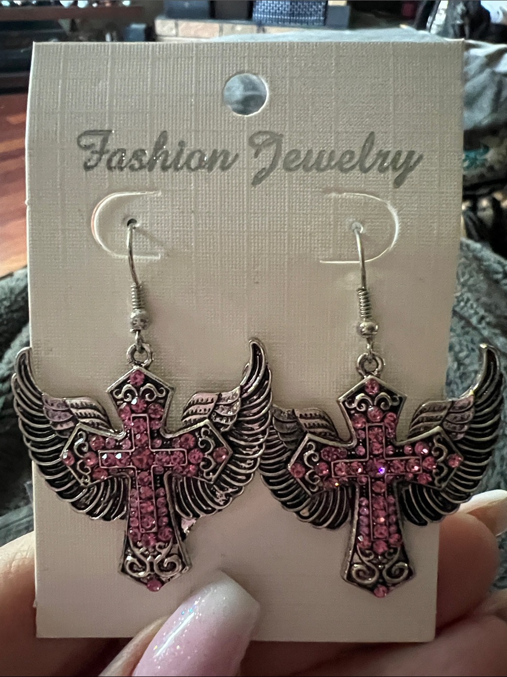 Fashion Jewelry Silver-Tone Cross Wing Earrings with Pink Crystals